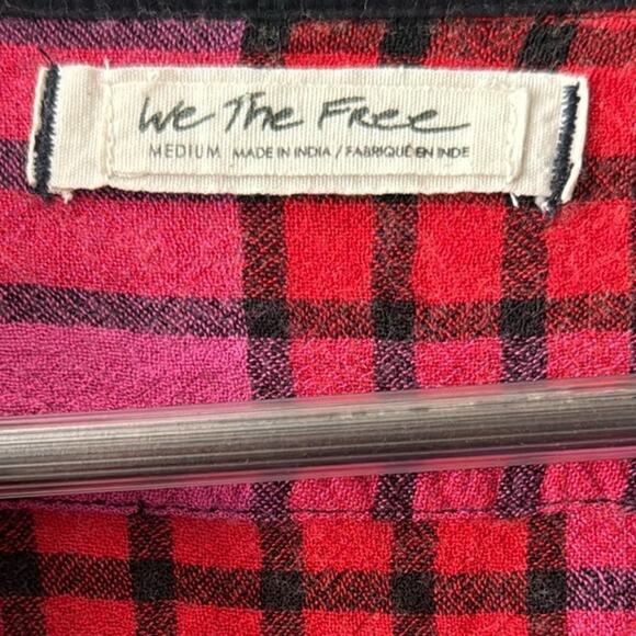 We the Free People Pacific Dawn Plaid Peplum Blouse Size Medium Pink & Red - Picture 10 of 12